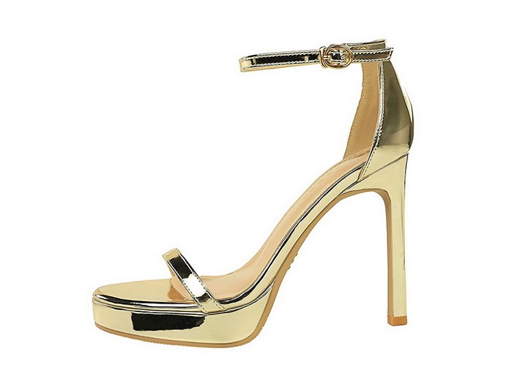 Sandal cao gót nữ mũi hở quai ngang da bóng gót nhọn 11cm — Màu bạc, Màu đen, Màu vàng