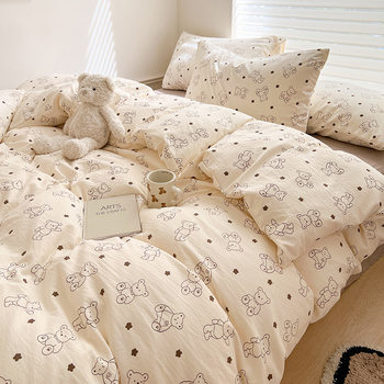Thickened Double-Layer Yarn Four-Piece Bedding Cartoon Cute Bed Sheet Quilt Cover Bed Cover Cotton and Linen Dormitory Three-Piece Set