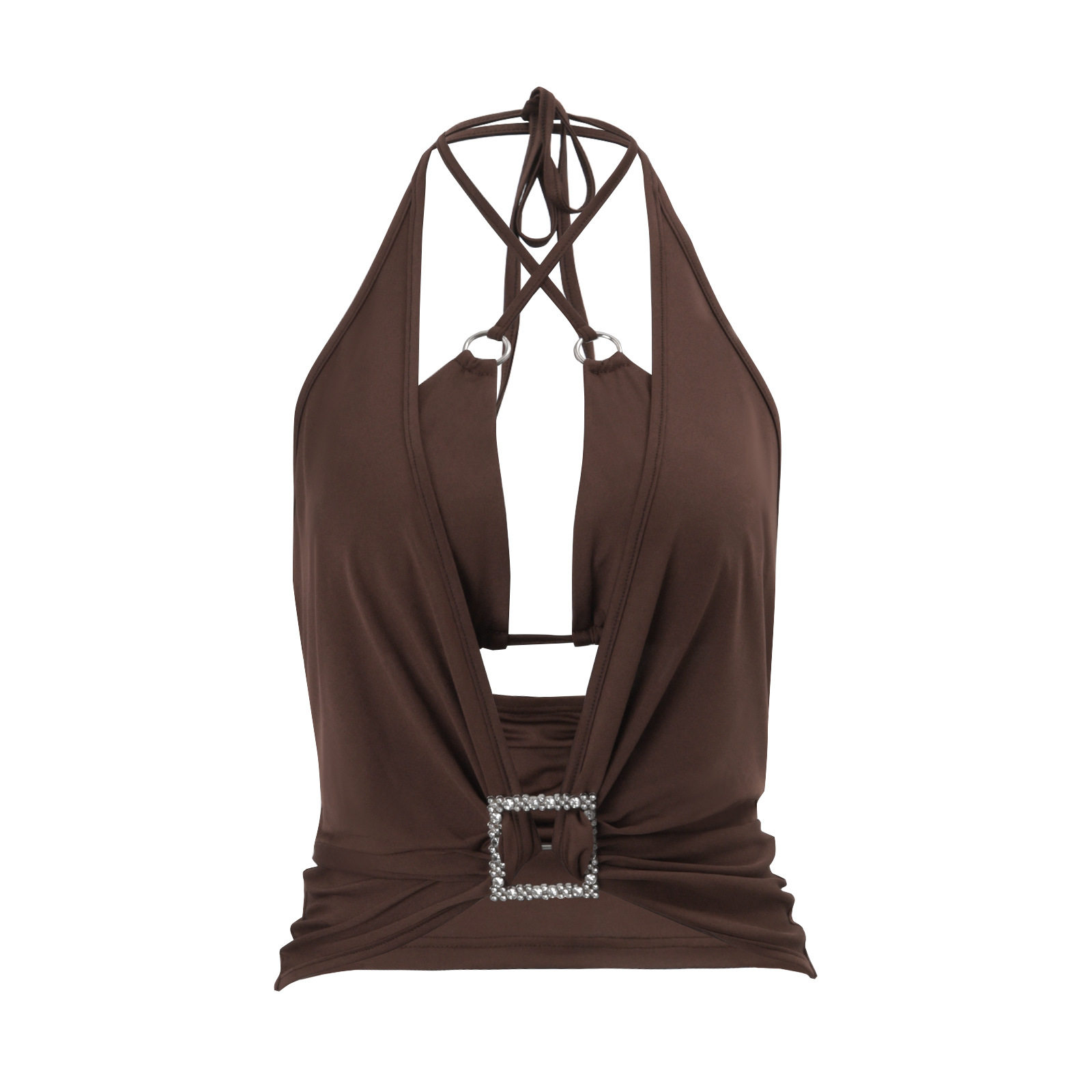 Womens Spring Sexy Hollow Out Deep V Neck Solid Color Halter Top and Bottom Set Trendy Chic Versatile Wholesale