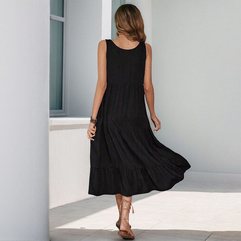 Summer Midi Dress Sleeveless Button Detail Solid Color Casual Wear for Women OEM Available
