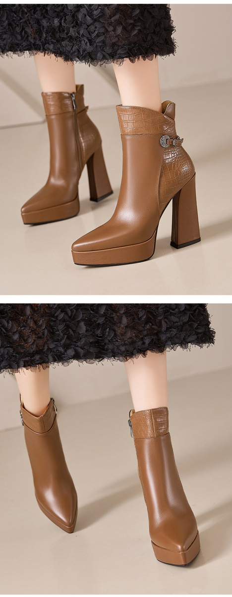 Boot nữ cổ thấp da bò mũi nhọn gót nhọn siêu cao phối khóa kéo bên — màu đen, nâu