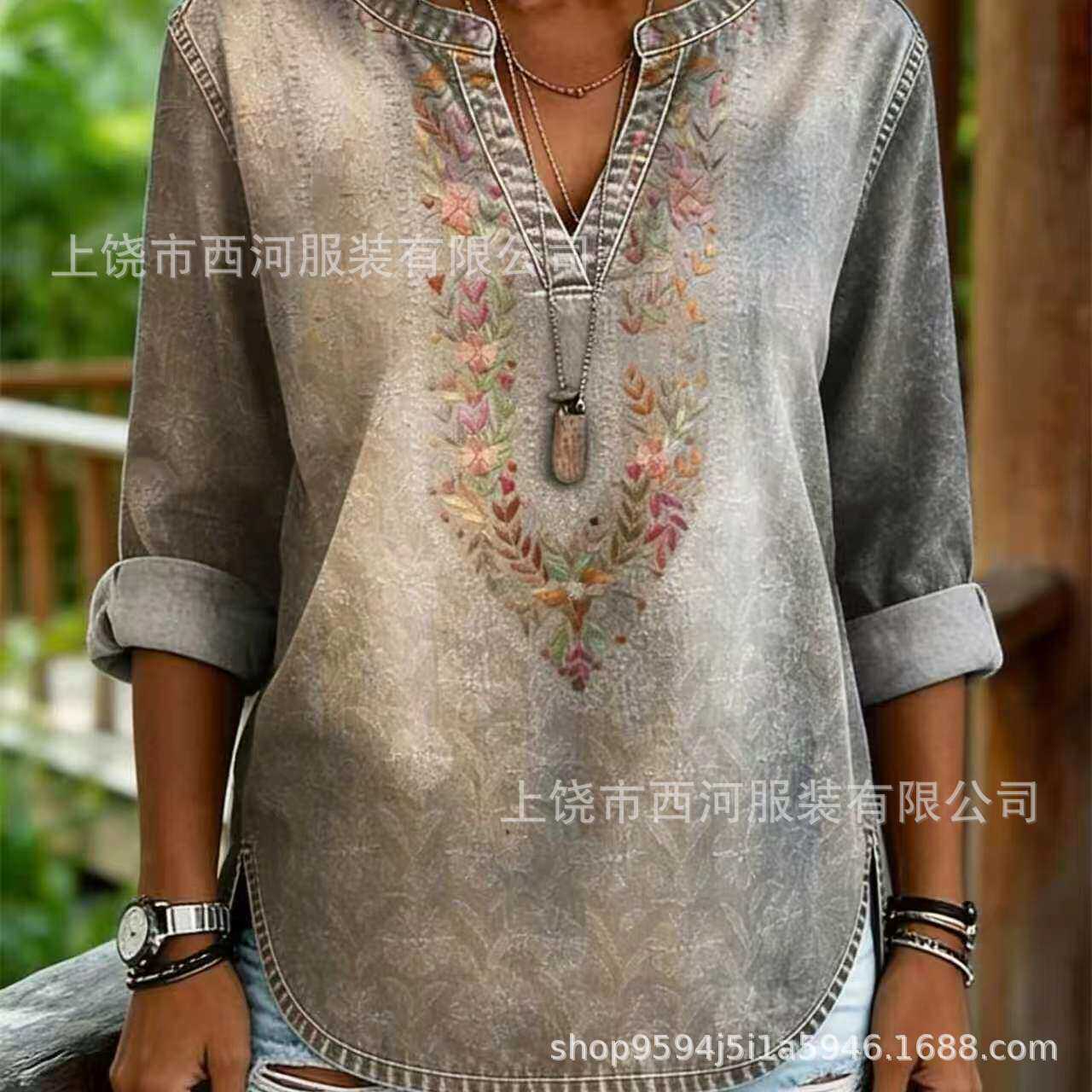 新款跨境独立站2026春季女装花卉印花V领休闲女装衬衫上衣复古