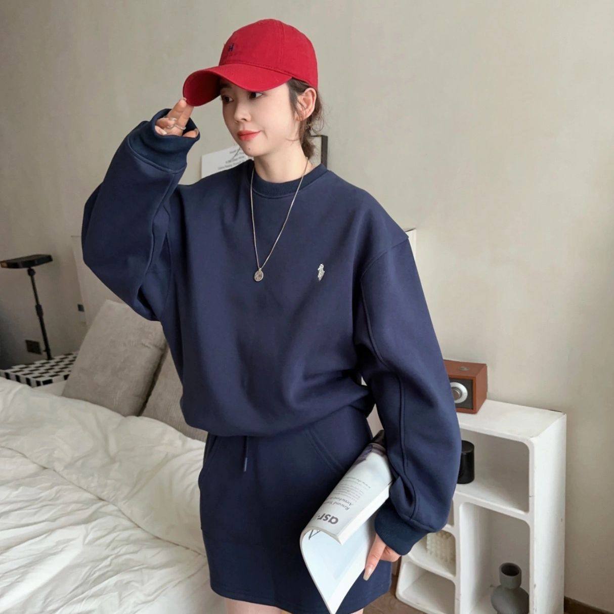 Pony Label Casual suit Women's Spring Autumn and Winter New Sweater Skirt Sports Style Slimming Age-reducing Two-piece Set