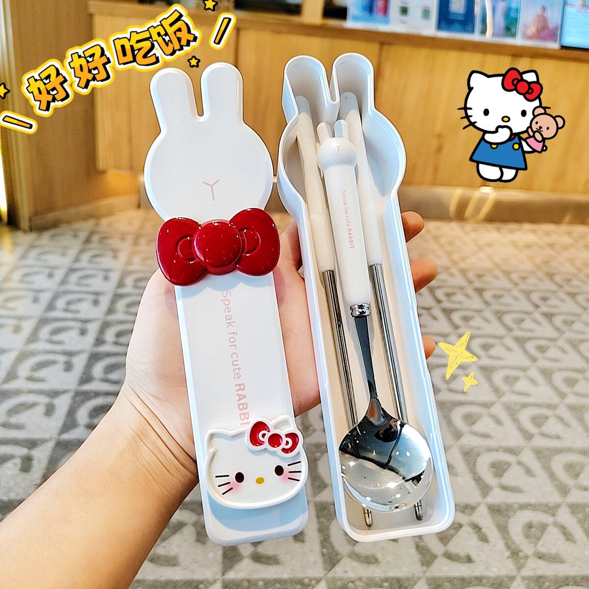 Popular Cute Ins Cartoon Spoon and Chopsticks Two-Piece Set for Students and Kidsren Portable Tableware Storage Box Set Gift
