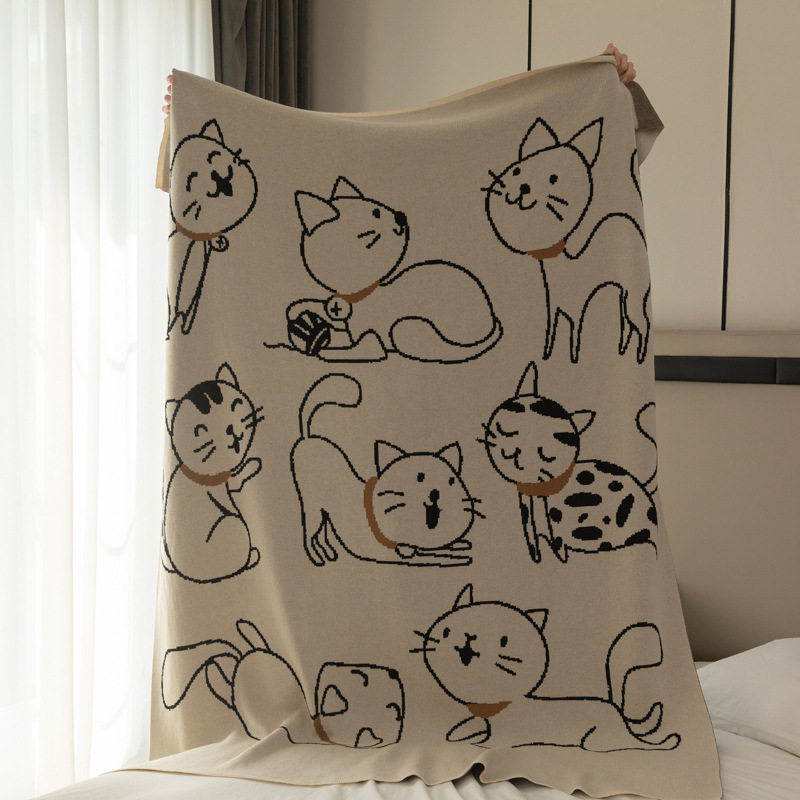 Class a Pure Cotton Knitted Jacquard Cute Cat Sofa Blanket Air Conditioning Office Nap Blanket Casual Pure Cotton Throw Blanket
