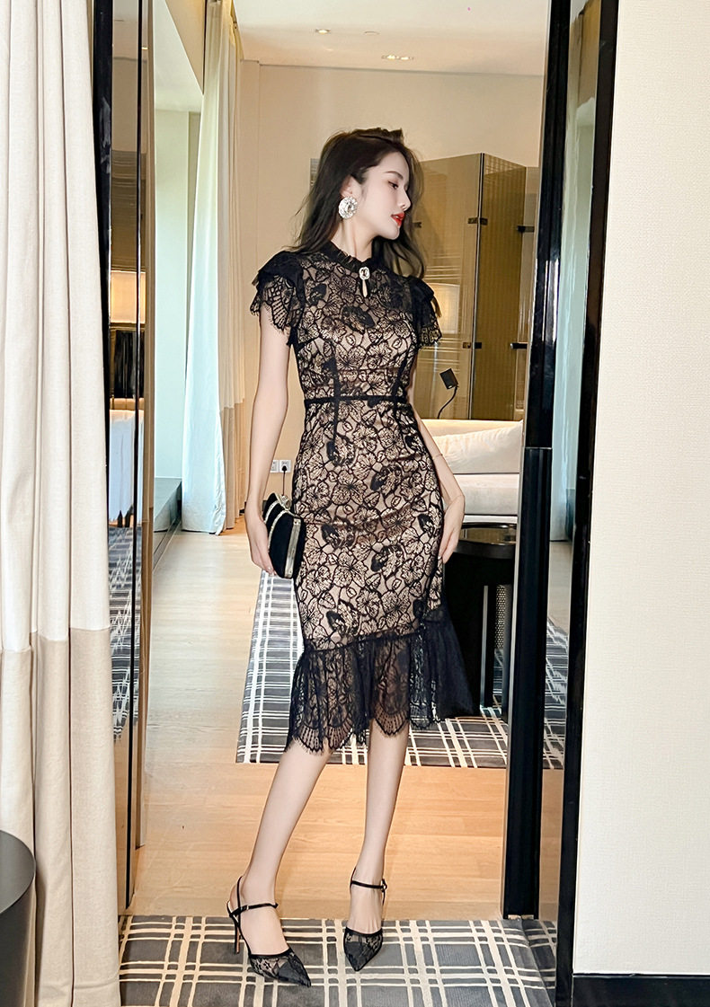 Đầm ôm body nữ ren xuyên thấu kiểu sườn xám Trung Hoa tay ngắn — [Đen Champagne] chi tiết 15