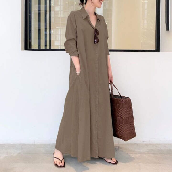 Cotton Linen Long Sleeve Shirt Dress Solid Color Pocket Design Loose Fit Casual Everyday Wear Ready to Ship