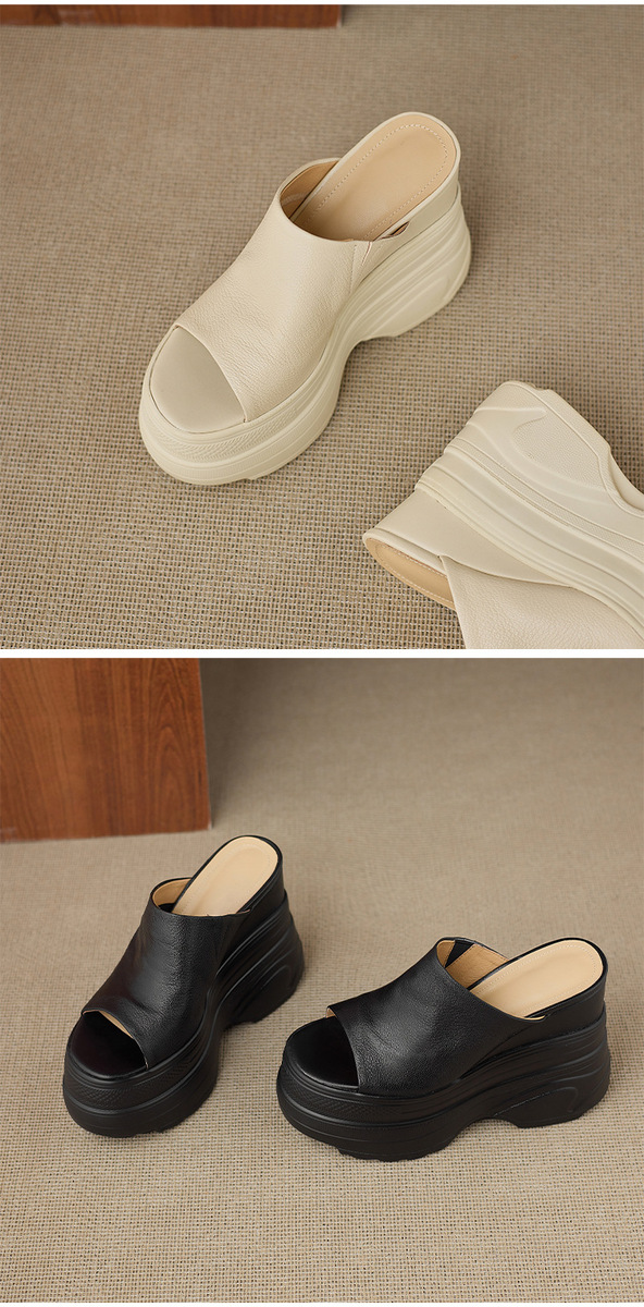 Dép sandal nữ đế xuồng cao gót 13cm da cừu mềm nhẹ — màu đen, Màu trắng ngà