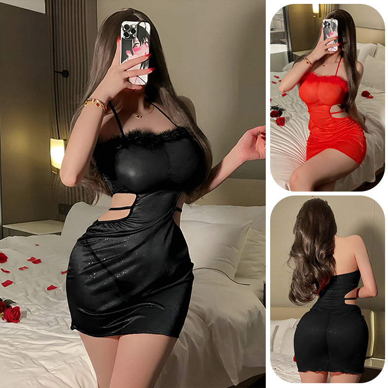 Sexy halter neck plush hollow nightgown silver sparkling hip...