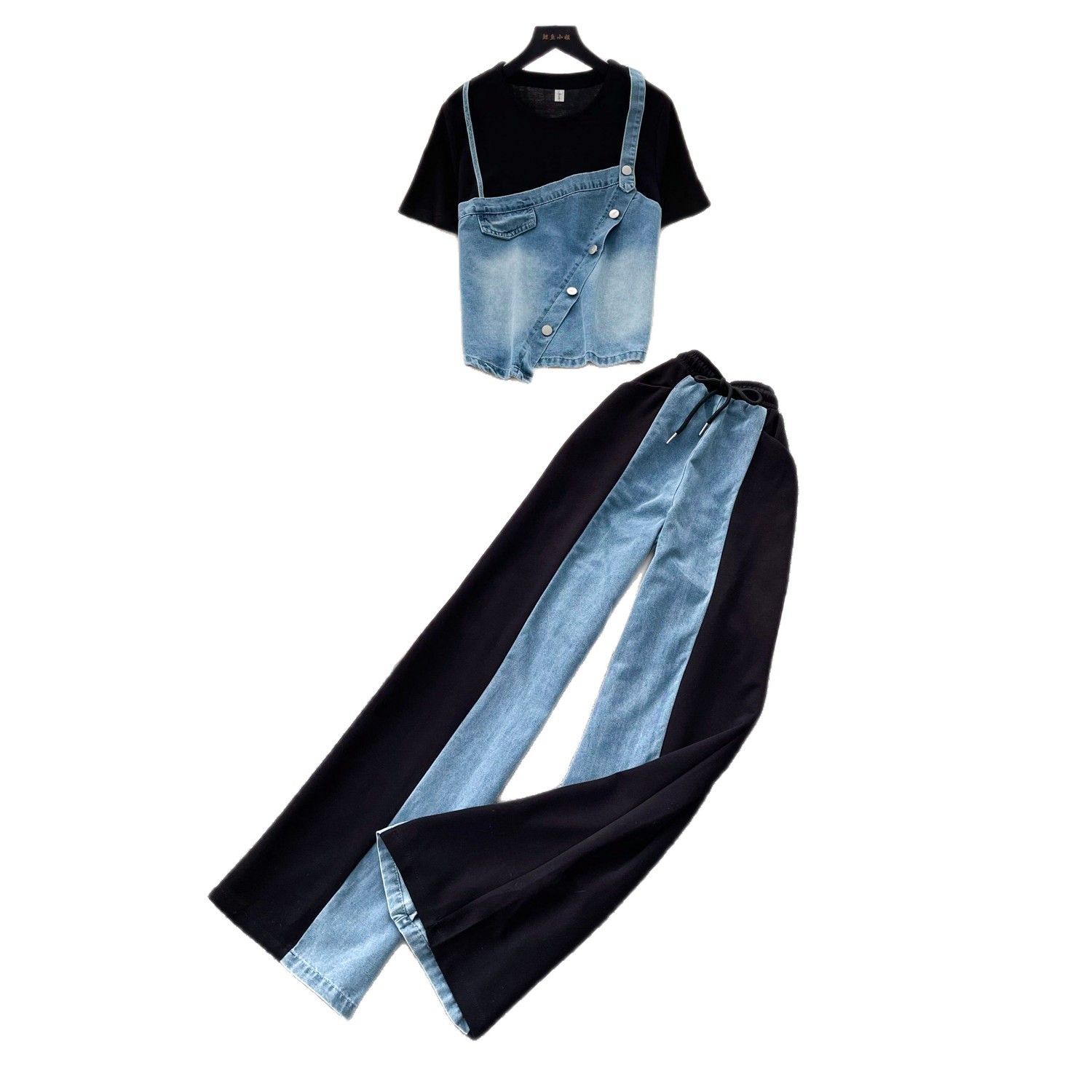 Retro Patchwork Denim Two Piece Set for Women Slim Fit High Waist Casual Style Summer Collection Ready to Ship