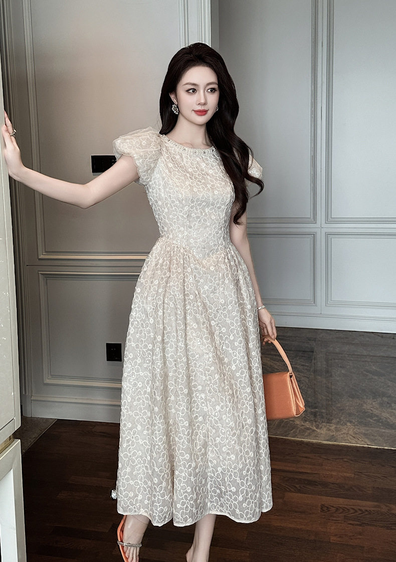 Đầm ren maxi nữ tay phồng eo cao dáng chữ A — [Hồng], [Mơ] chi tiết 9