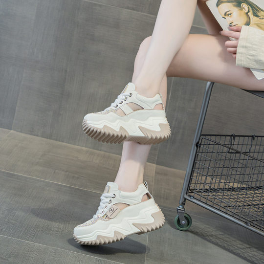 2024夏季新款厚底增高松糕女休闲鞋子透气百搭时尚小白鞋凉鞋女