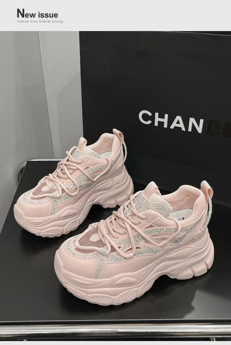 Giày sneaker nữ đế dày chunky phong cách thể thao, mũi tròn, dây buộc, đế cao 8 cm — Trắng, Hồng, Đen chi tiết 14