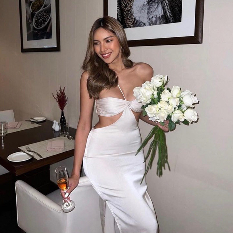 Chic Strapless Halter Neck Dress High Waist Hollow Out Satin Fabric Elegant Evening Gown for Women Wholesale