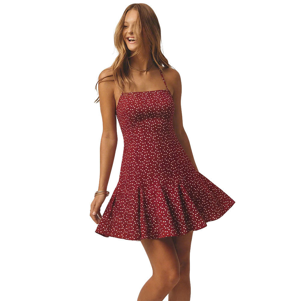 Summer Womens Dress Burgundy Polka Dot Floral Print Ruffled Hem Fitted Waist Wholesale Available