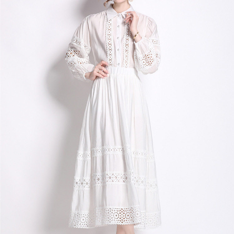 Vintage French Style Womens Lace Panel Button Up Shirt and High Waisted Skirt Set Loose Fit Pearl Accents Versatile