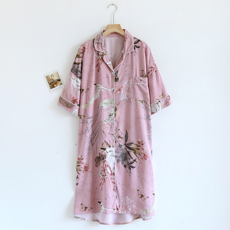 Spring and Summer Women's Sleeve Nightgown Mid-length Pregnant Women dress Artificial Cotton Loose plus size Cardigan Home Clothes Pajamas