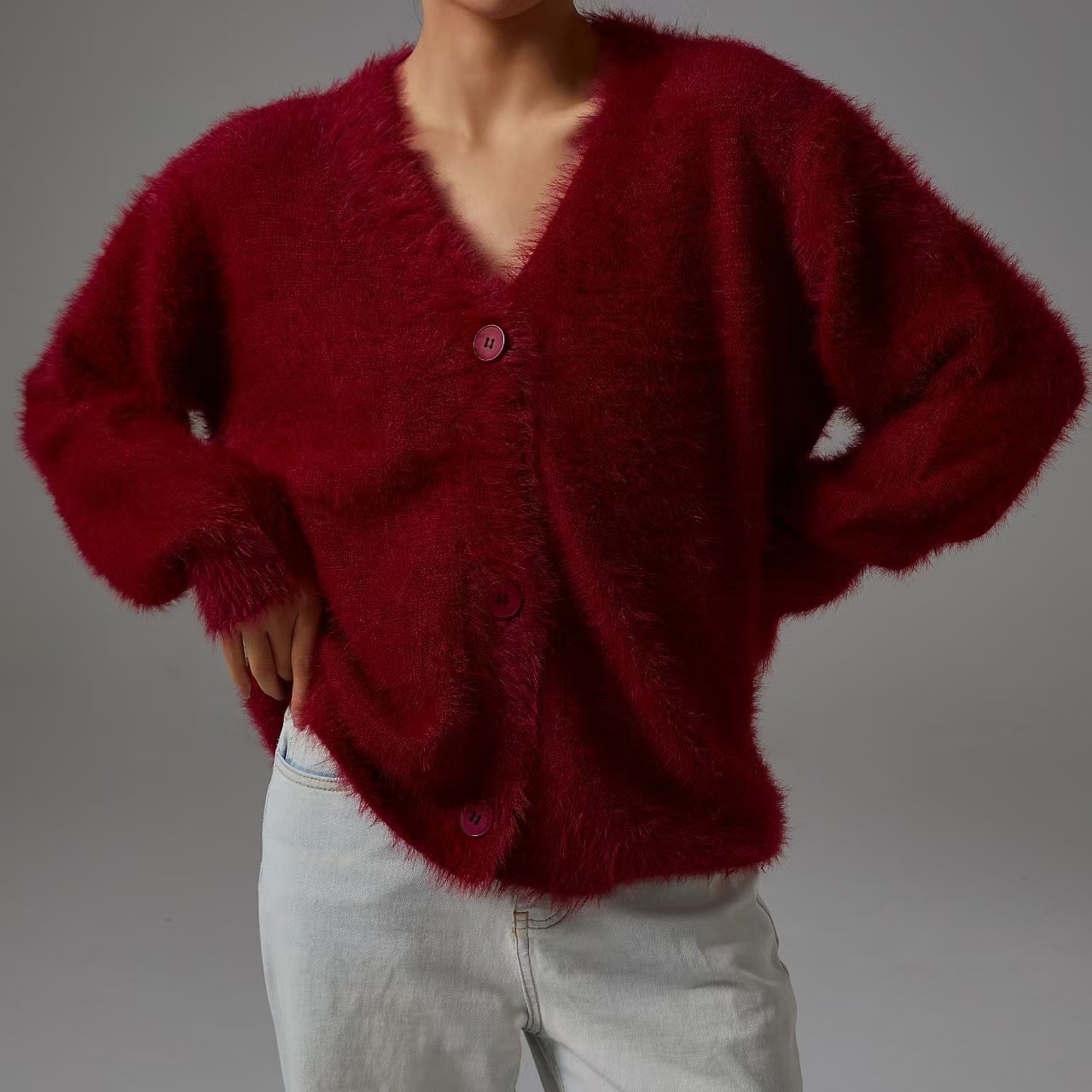 2025秋冬新款仿貂毛针织毛衣开衫慵懒风宽松长袖V领毛衣外套女