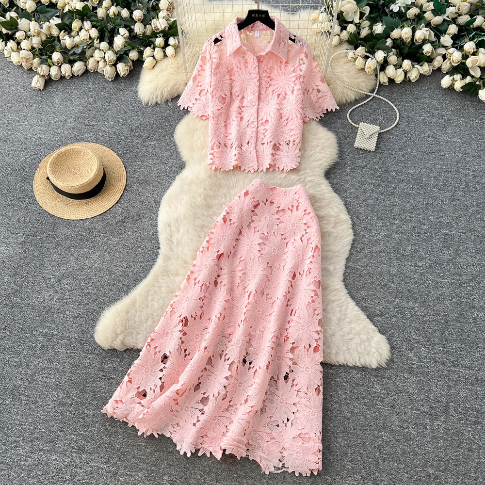 French Style Elegant Hollow Lace Two Piece Set Short Sleeve High Waist Fashionable for Spring and Autumn Wholesale