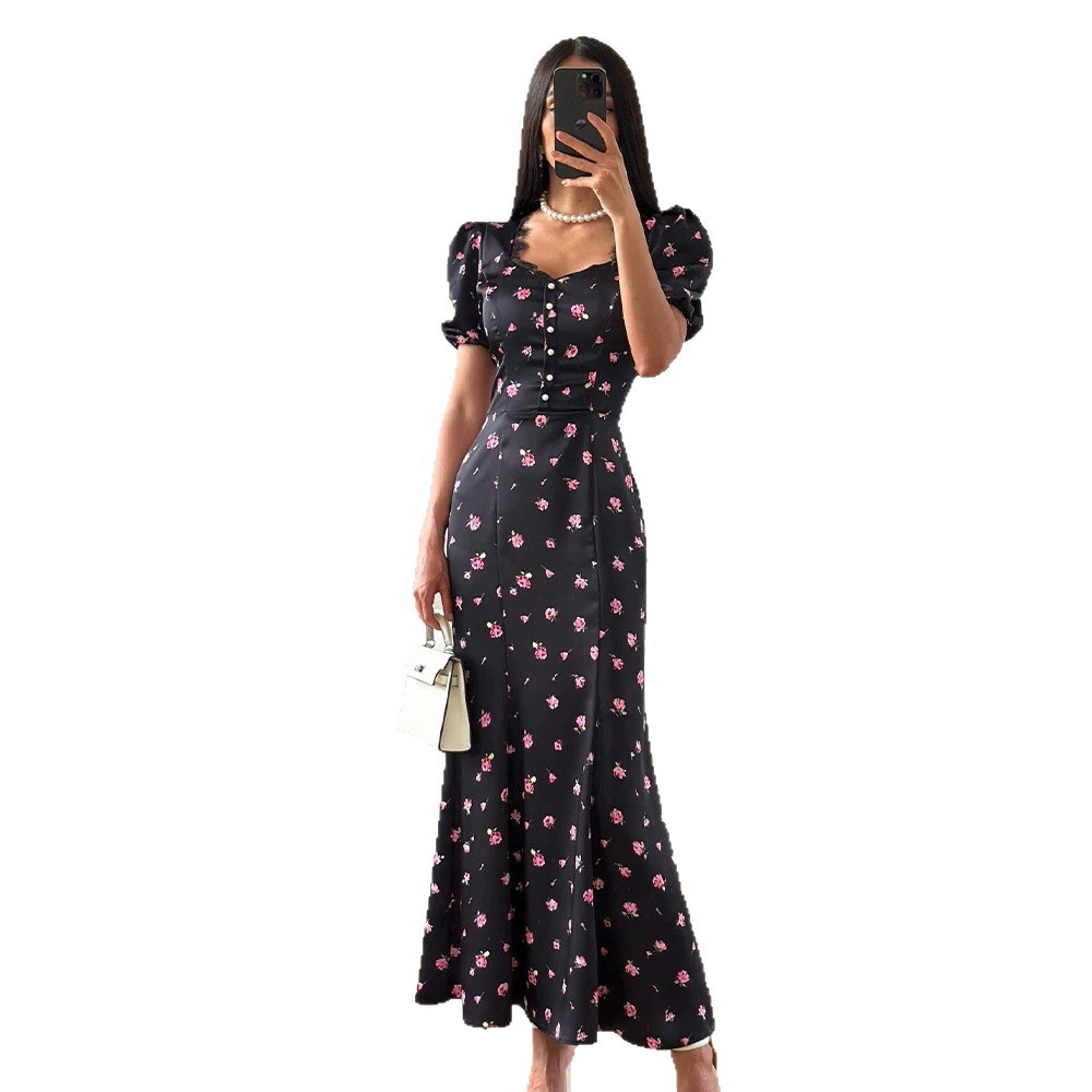 Floral Print Maxi Dress Sweet Lace Trim Puff Sleeves Waist Defined Summer Fashion for Women Wholesale Available