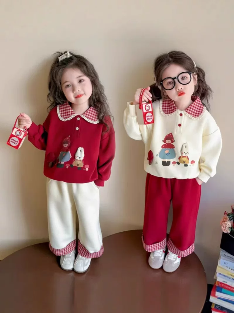 套装女童卫衣套装秋季新款小童秋季蘑菇小兔红色洋气格子拼接撞色