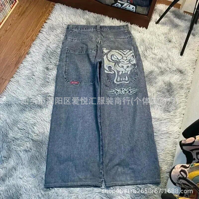 2024春秋季新款跨境美式潮牌复古水洗Y2K刺绣嘻哈图案男式牛仔裤