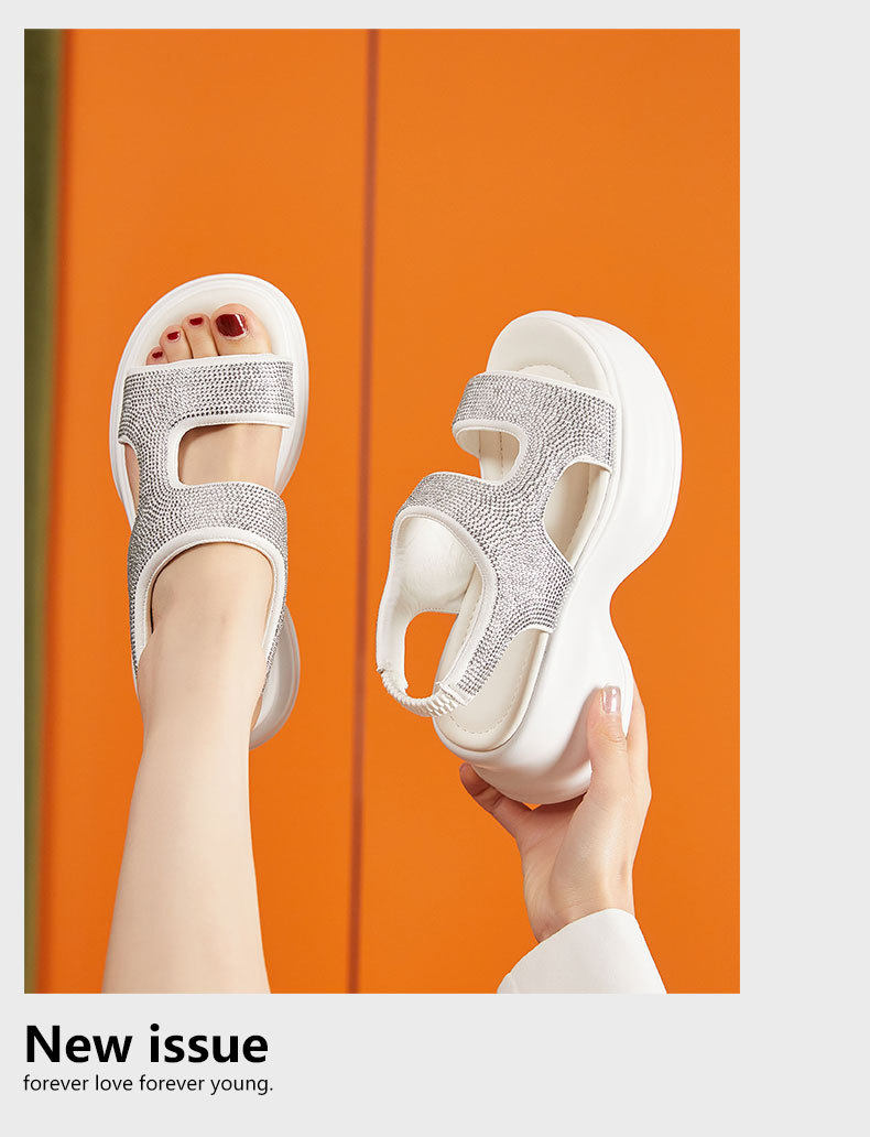 Sandal cao gót nữ đính đá rhinestone đế xuồng 8 cm — Trắng, Xanh, Đen chi tiết 12
