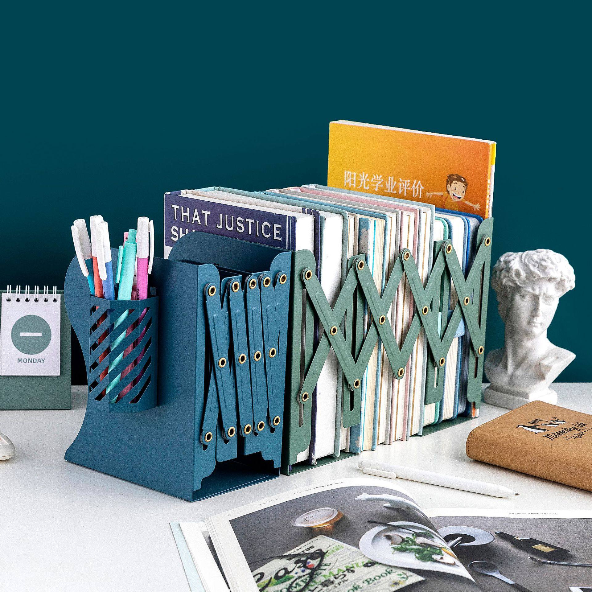 Mingqiang Morandi Color Creative Telescopic Folding Bookstand Metal Bookshelf Office Cartoon Student Storage Stationery