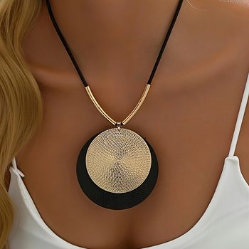 Cross-border New Exaggerated Pattern Double Round Pendant Necklace Women's Metallic Geometric Round Brand Rope Chain Necklace