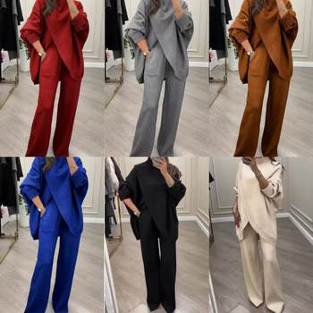 2025 Cross-Border Autumn New European and American Amazon Women's Solid Color Slim-Fit Knitwear Cross Sweater Two-Piece Set