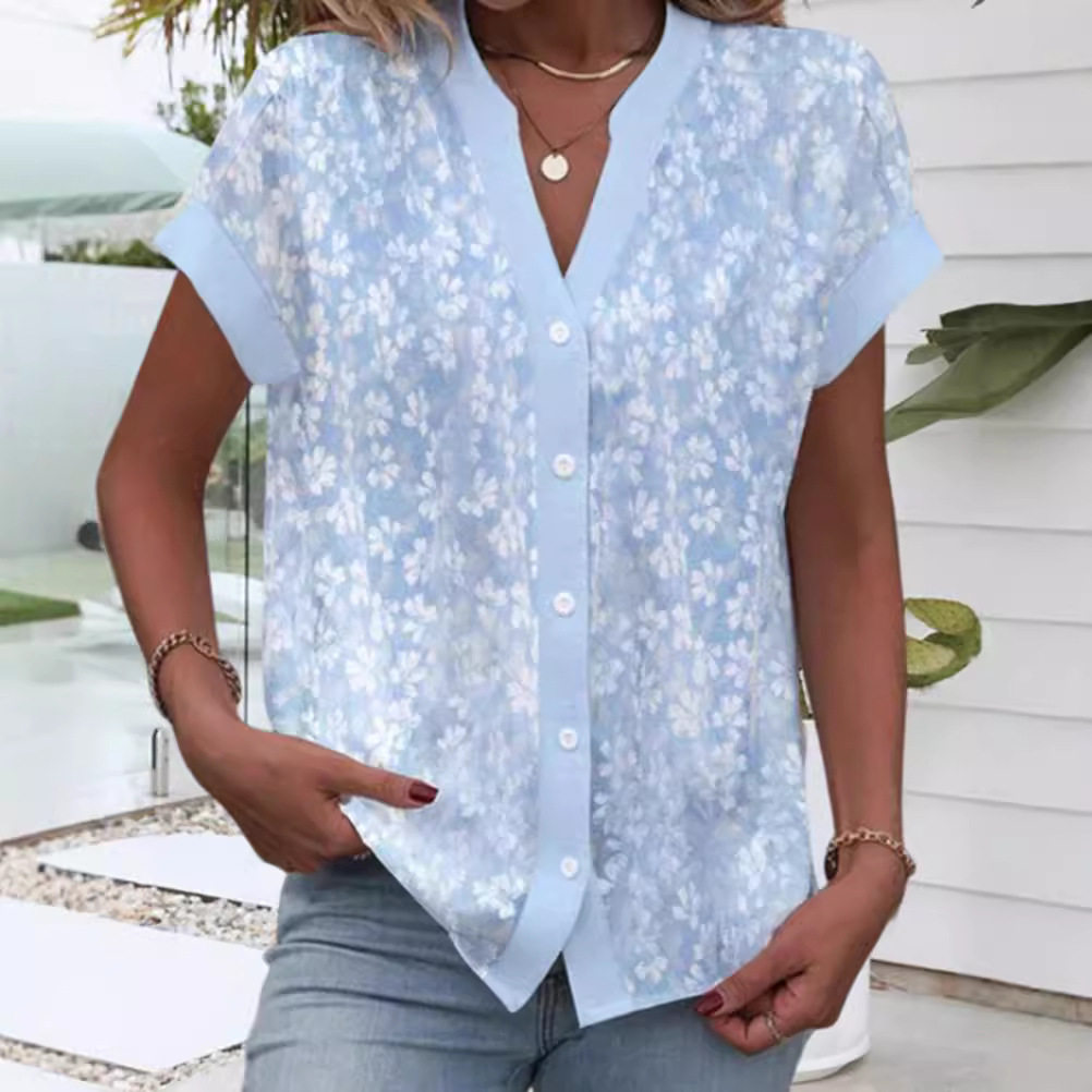 Summer Floral Print V Neck Short Sleeve Button Top for Women Trendy Design Comfortable Fabric Versatile Style