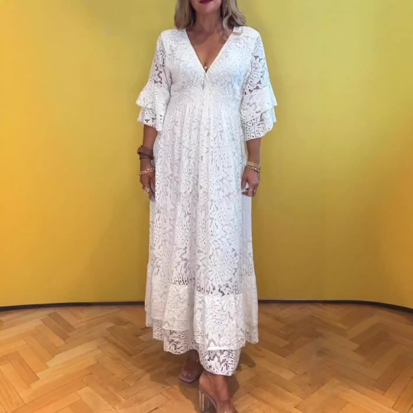 Lace Hollow Out Deep V Neck Dress Summer Style Solid Color Elegant Design Perfect for Parties or Casual Outings