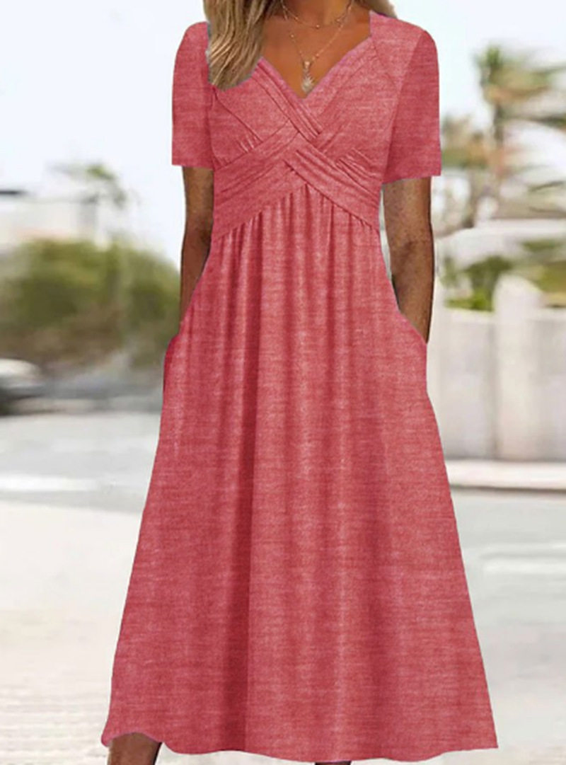 Womens Solid Color V Neck Short Sleeve Dress Trendy Design Comfortable Fabric Perfect for Fall Wholesale Available