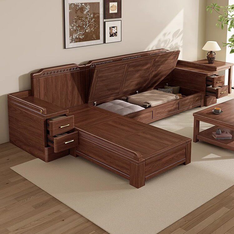 2025新款新中式黑胡桃木实木沙发现代家用冬夏两用大容量储物沙发