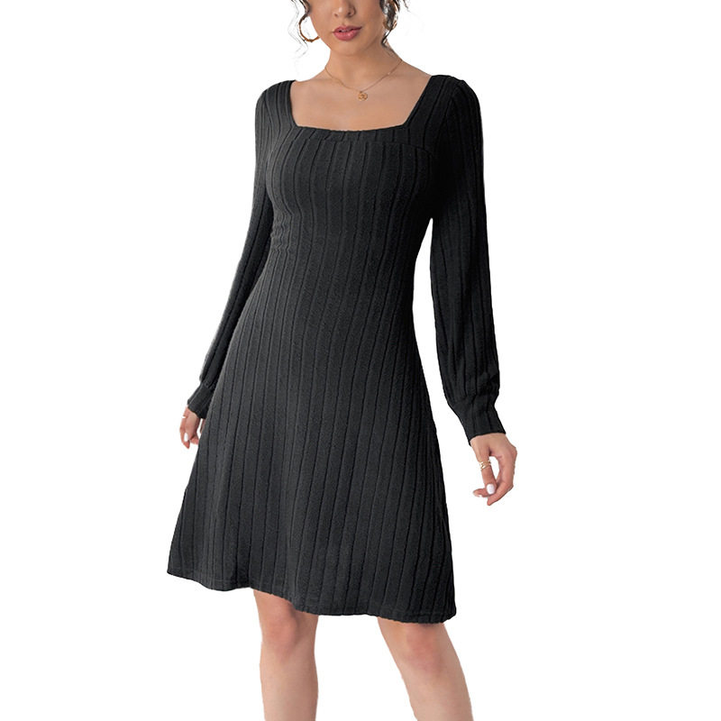 Lace Backless Knitted Dress Bow Tie Detail Square Neck Solid Color Elegant Evening Wear OEM Available