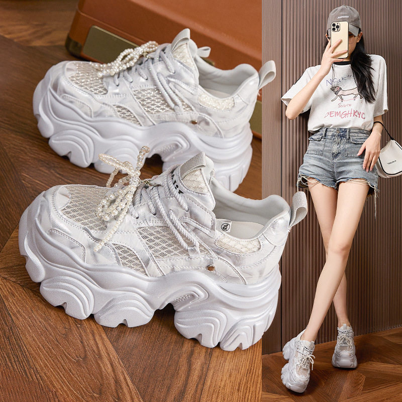 Giày sneaker nữ chunky đế dày thoáng khí mùa hè — Bạc, Trắng