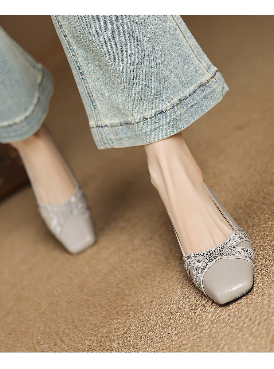 Giày bệt nữ mũi vuông gót thấp 3cm phối màu thanh lịch — đen, màu xám