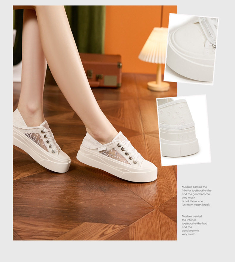 Giày sneaker nữ chạy bộ mesh thoáng khí đế phẳng — Trắng, Mơ chi tiết 2