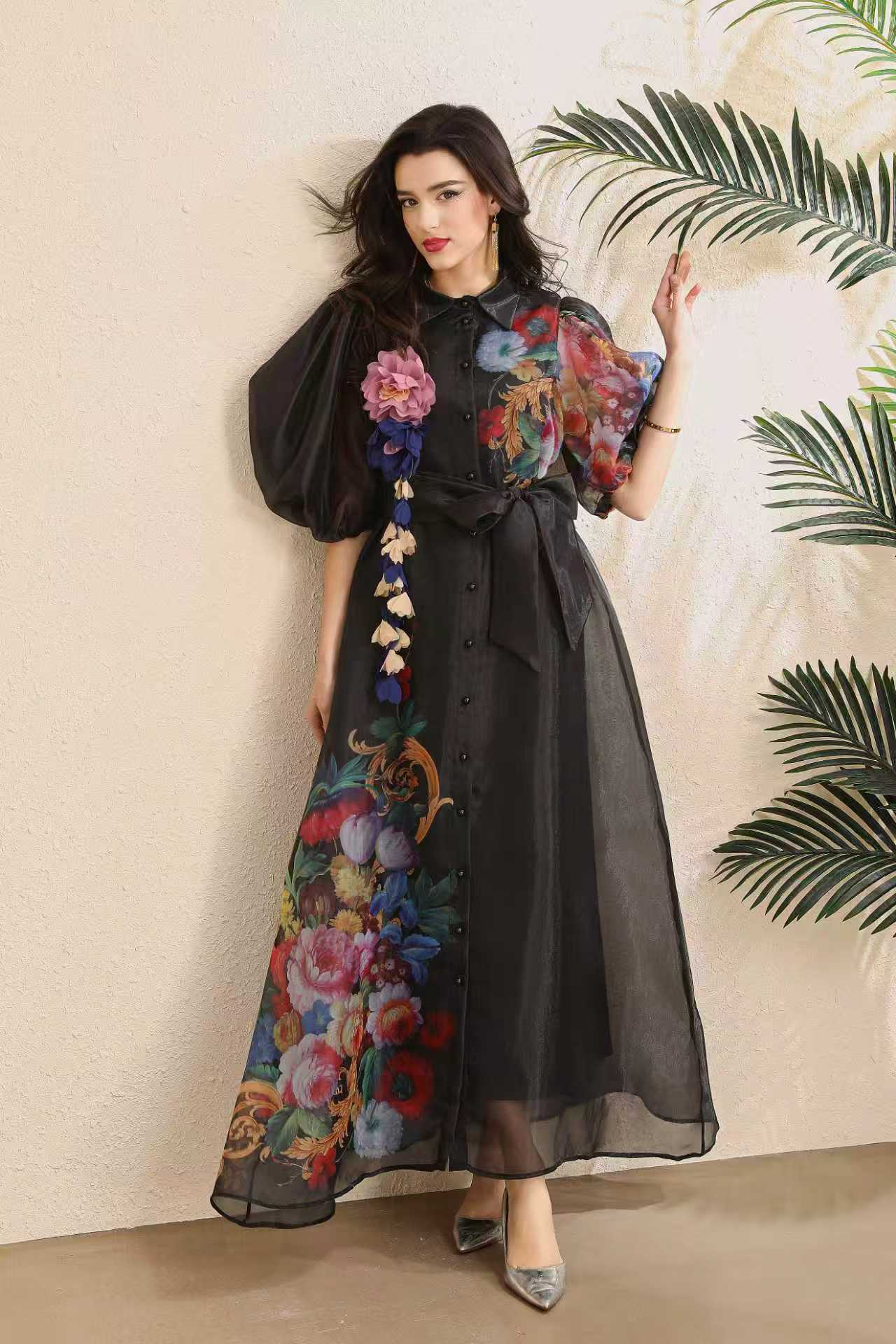 French Elegant Summer Dress Corset Waist 3D Floral Design Lantern Sleeves Printed Tulle Perfect for Garden Parties