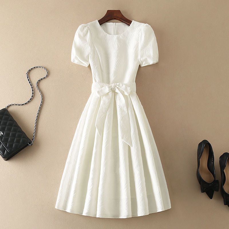 White A Line Dress Sweet Minimalist Waist Defined Round Neck Summer Casual Wear Wholesale Available