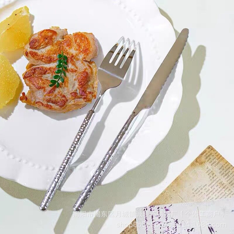 304 Stainless Steel Round Diamond Hammer Steak Knife and Fork Spoon Hotel Restaurant Household Solid Mirror Creative Tableware suit