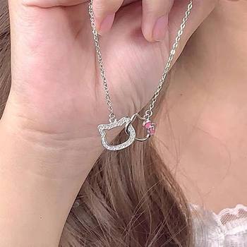 Double KT Cat Necklace Ring-linked Cute Girl Cartoon Shiny Sweet hellokitty Hello Kitty Clavicle Chain