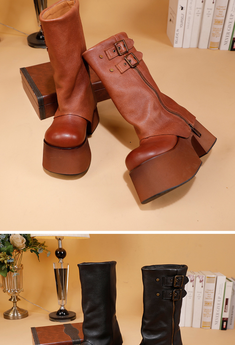 Boot nữ cổ cao da bò thật đế dày gót nêm khóa kéo bên — màu đen, màu nâu