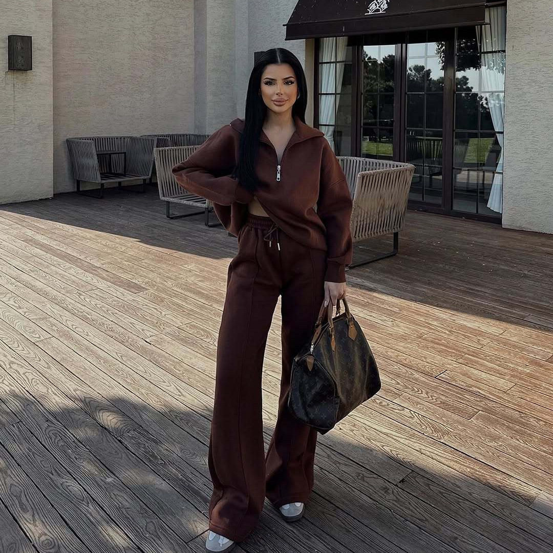 跨境欧美休闲女装时尚半开襟套头卫衣长裤两件套宽松休闲秋冬套装