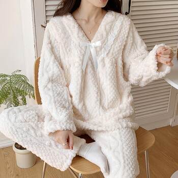 Korean-style Flannel Pregnant Women's Pajamas Women's Autumn and Winter Pregnant Lactation Crescent Clothing Coral Fleece Thickened Feeding fleece-lined