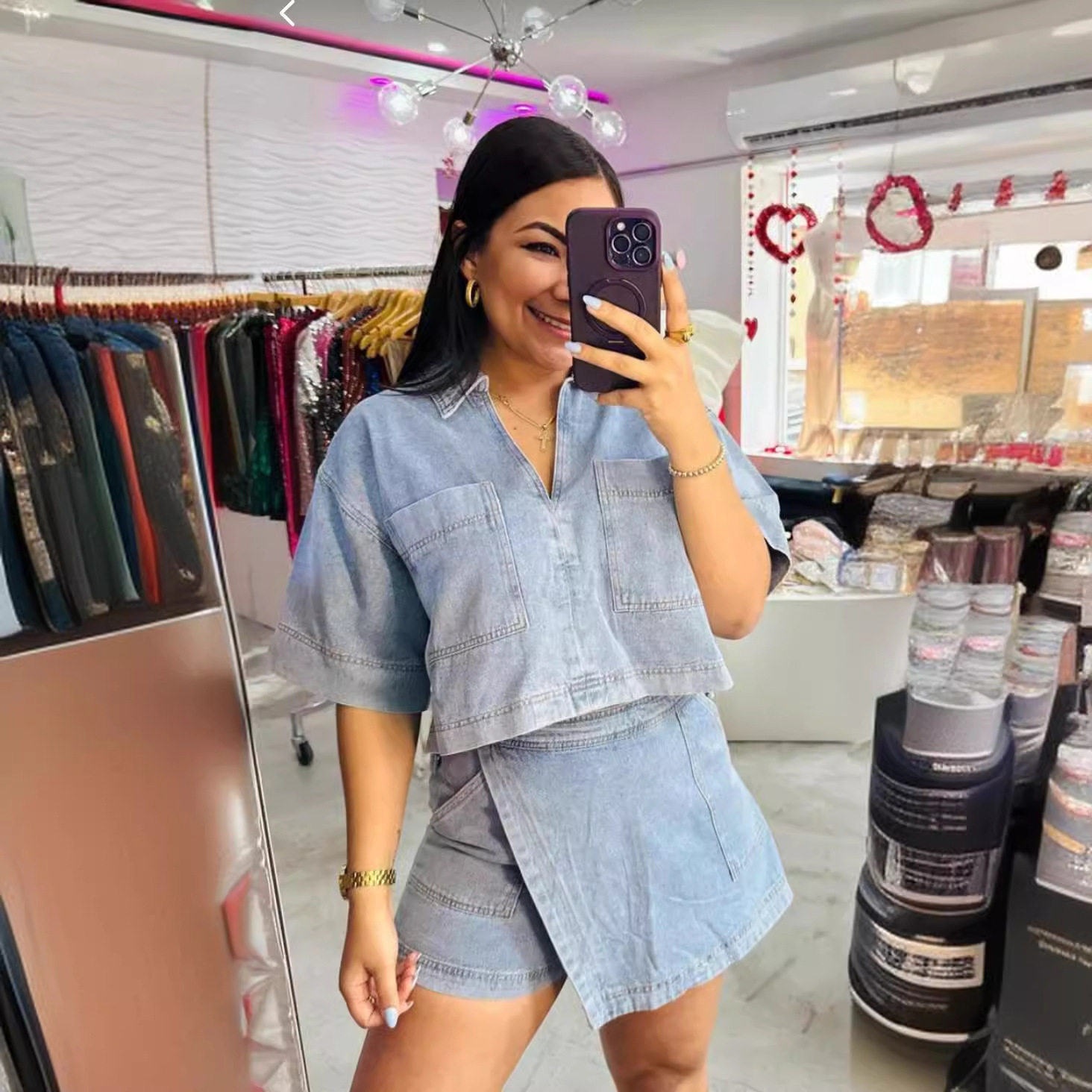 Plaid Casual Denim Suit Women's Summer Loose Slimming Look Polo Short-Sleeved Shirt Asymmetrical Culottes Two-Piece Set