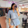 Plaid Casual Denim Suit Women's Summer Loose Slimming Look Polo Short-Sleeved Shirt Asymmetrical Culottes Two-Piece Set