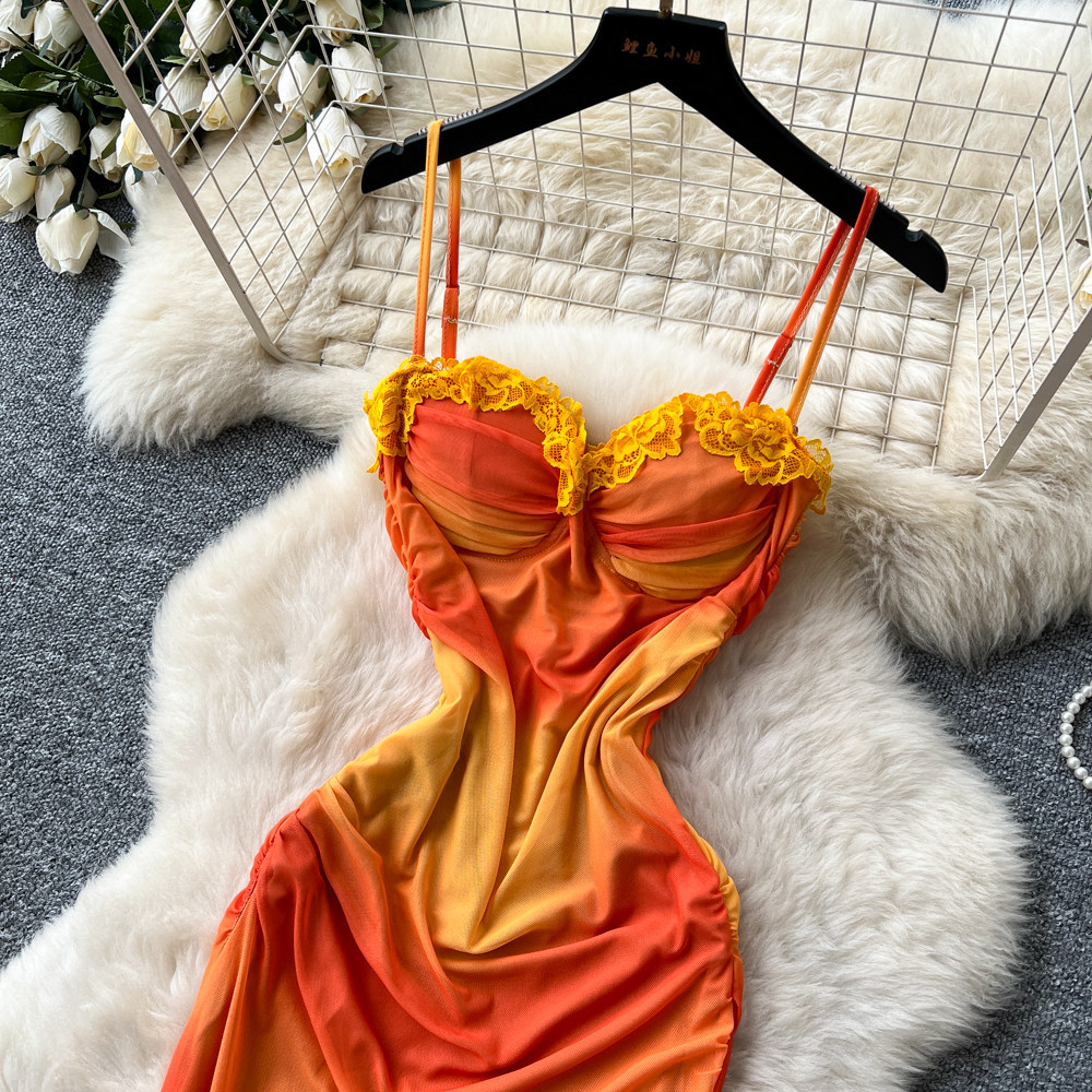 V Neck Chiffon Maxi Dress Orange Gradient Sleeveless Slim Fit Elegant Style Perfect for Summer Vacations