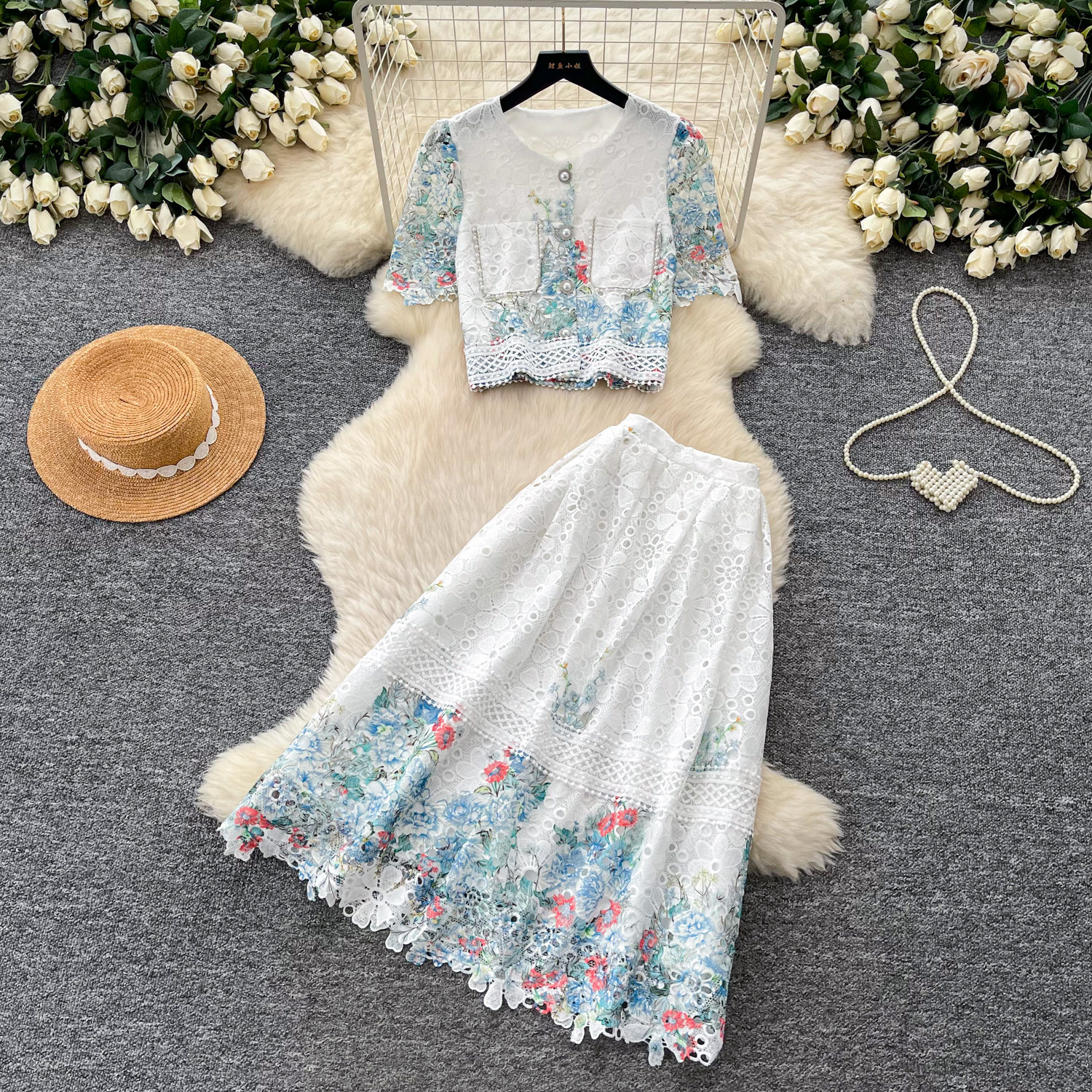 Elegant Womens Two Piece Set Embroidered Lace Top High Waisted Skirt Summer Fashion for Special Occasions Wholesale