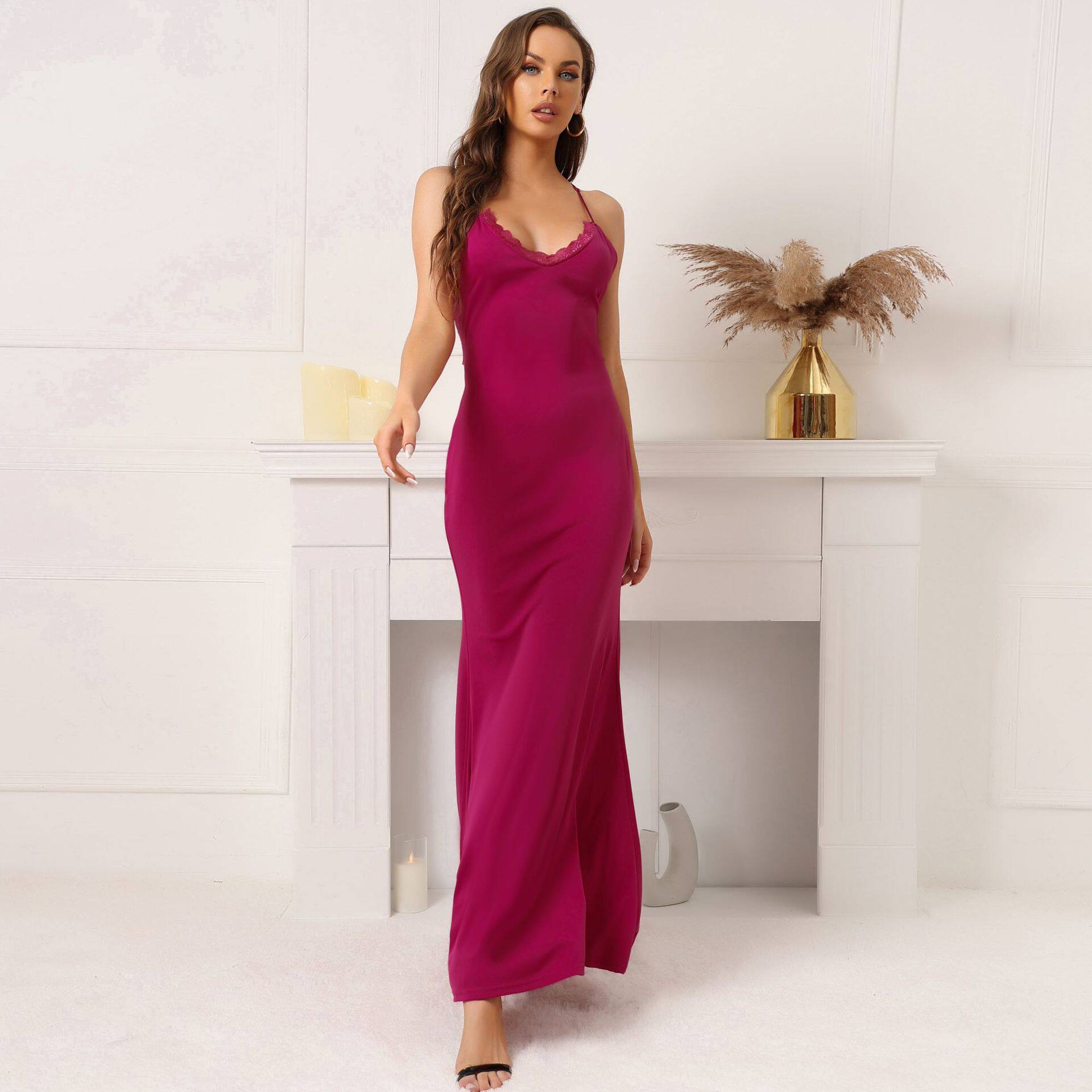 Lace Trimmed Backless Maxi Dress Elegant Sleeveless Design Sexy Fit Perfect for Evening Parties Wholesale Available